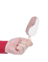 Hand holds vanilla and chocolate ice cream.