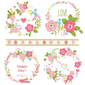 Set of cute floral bouquets, card template.