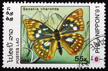 Fototapeta na wymiar Postage stamp Laos 1991 Japanese Emperor, Butterfly