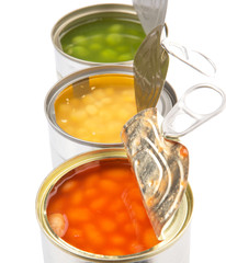 Baked beans, green peas and sweet corn in tin can