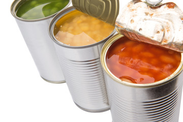 Baked beans, green peas and sweet corn in tin can © akulamatiau