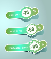 Collection of sale discount origami, ribbons, labels.