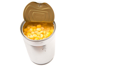 Sweet corn in a tin can over white background 