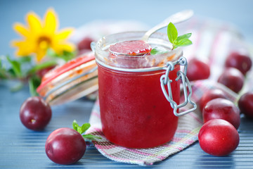 cherry plum jam with a bank