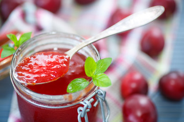 cherry plum jam with a bank