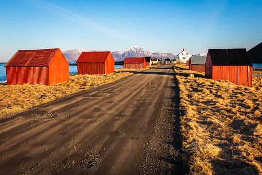 tipical Red house near the sea coast in Norway
