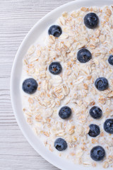 oatmeal with milk and blueberries closeup top view vertical