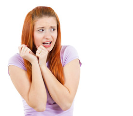 Portrait Scared woman, afraid of something, white background 