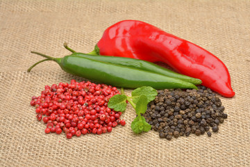 Red hot chili pepper on the jute gunny bag