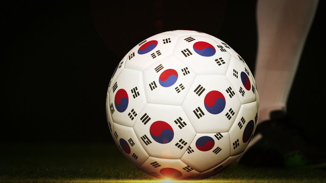 Football player kicking korea republic flag ball