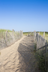 Fototapeta na wymiar Beach fence at Head of the Meadow in Truro, Massachusetts