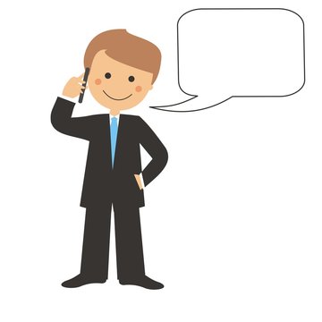 Hombre de negocios hablando por tel&eacute;fono y burbuja. Ilustraci&oacute;n vectorial