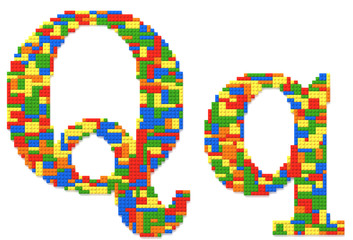 Letter Q built from toy bricks in random colors