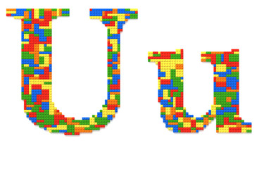 Letter U built from toy bricks in random colors