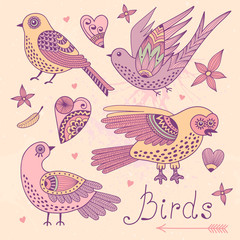 Vector set birds and hearts.