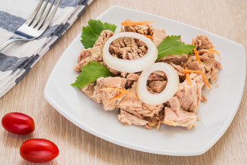 Canned tuna fish on white dish