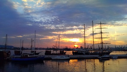 Sailing ships and yachts moored in Varna port, Bulgaria