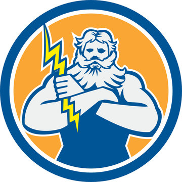 Zeus Greek God Arms Cross Thunderbolt Circle Retro