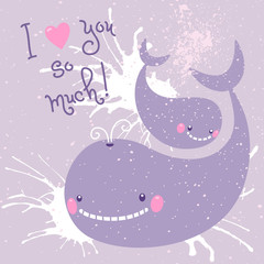 Happy Mother's Day. Card with cute whales.