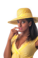 Beautiful Indian woman with yellow hat
