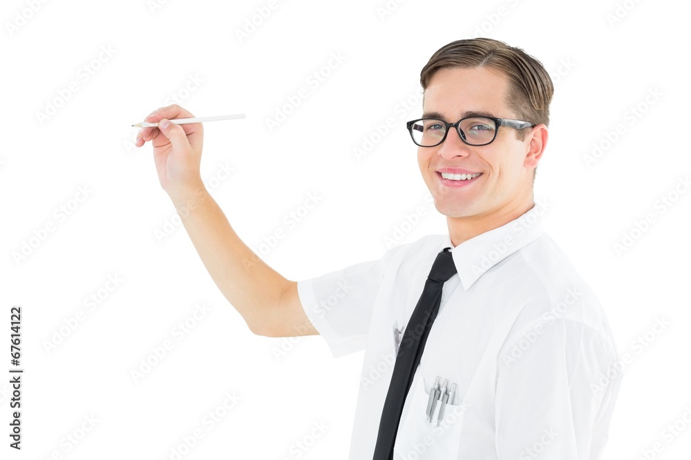 Poster geeky businessman writing with marker