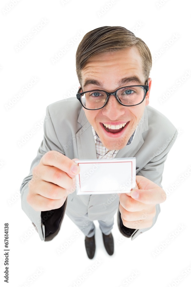 Poster Geeky hipster smiling and showing card