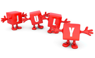 Fototapeta premium July calendar background - happy red cubes with hands up