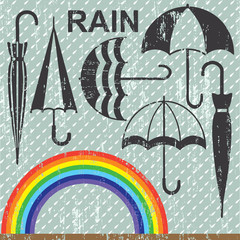 Rainbow and umbrellas grunge vector illustration