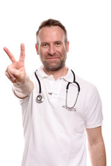 Arzt oder Krankenpfleger macht ein Victory Zeichen