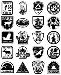 Obraz premium Outdoor adventure vector patches in black and white