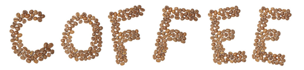 Word coffee arranged from coffee beans isolated