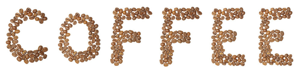 Text coffee arranged from coffee beans isolated