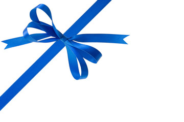 Blue ribbon with a bow on a white background