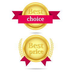 est choice and Best price gold vector icons with red ribbons.