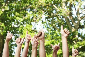 People show thumbs up on natural background