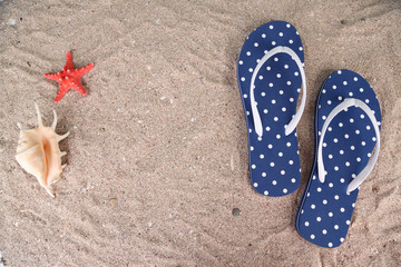 Color flip-flops on sand background