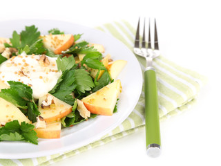 Green salad with apples, walnuts and cheese isolated on white
