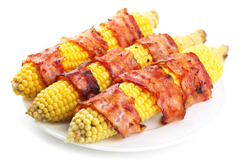 Grilled bacon wrapped corn, isolated on white