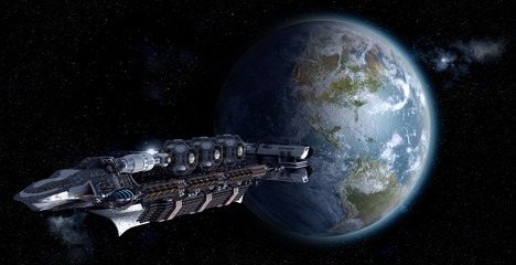 Obraz na płótnie Canvas Alien mothership or spacelab leaving Earth