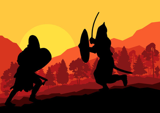 Medieval warrior, crusader vector background landscape