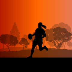 Woman rugby silhouette in countryside nature background illustra