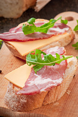 Ham sandwich decorated leaf arugula