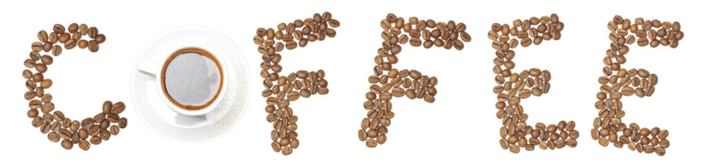 Word COFFEE arranged from coffee beans and mug
