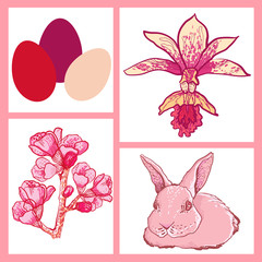 vector set of Easter rabbit, eggs, spring flowers