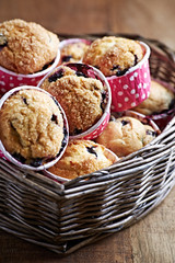 Blueberry Muffins with Brown Sugar in a Basket