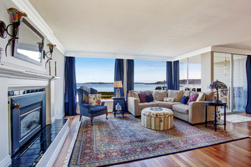 Living room with fireplace and beautiful view