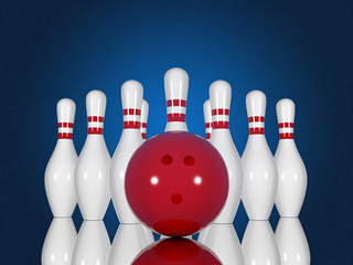 Bowling pins and ball on a blue background