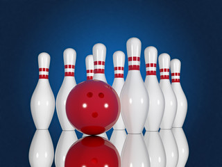 Bowling pins and ball on a blue background