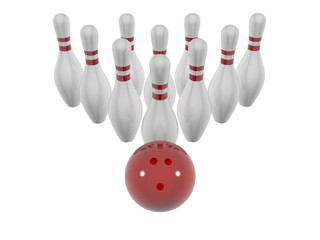 Bowling pins and ball on a white background
