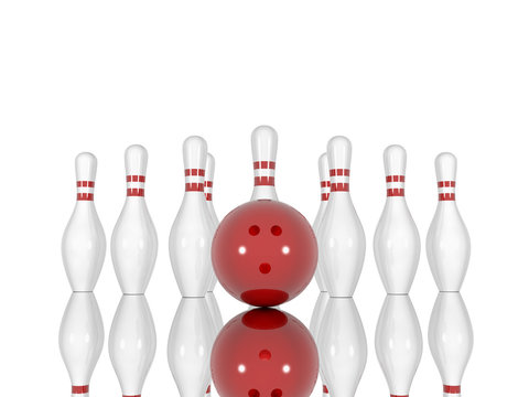 Bowling pins and ball on a white background